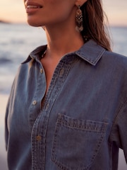 Mid Blue Short Sleeve Lightweight Denim Shirt - Image 4 of 6