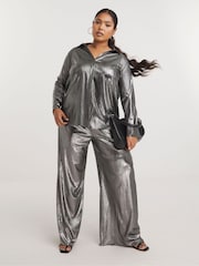 Simply Be Silver Plissé Wide Leg Trousers - Image 1 of 4