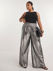 Simply Be Silver Plissé Wide Leg Trousers - Image 2 of 4