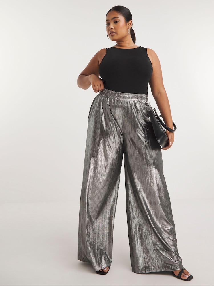 Simply Be Silver Plissé Wide Leg Trousers - Image 2 of 4