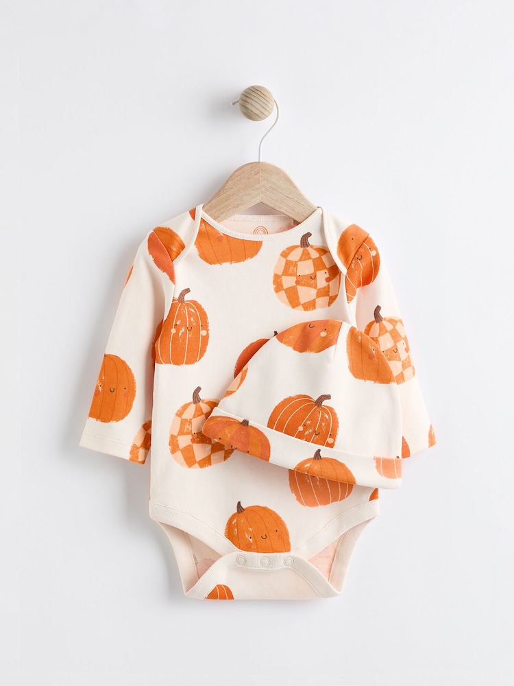 Pumpkin 100% Cotton Halloween Baby Bodysuit and Hat Set - Image 1 of 7