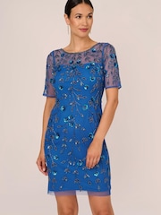 Adrianna Papell Blue Beaded Floral Short Dress - Image 1 of 7