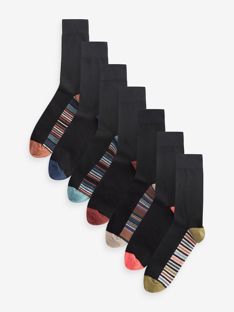 Svart Multi Randig - 7 Pack - Herr bomullsrika svarta strumpor - Bild 1 av 9