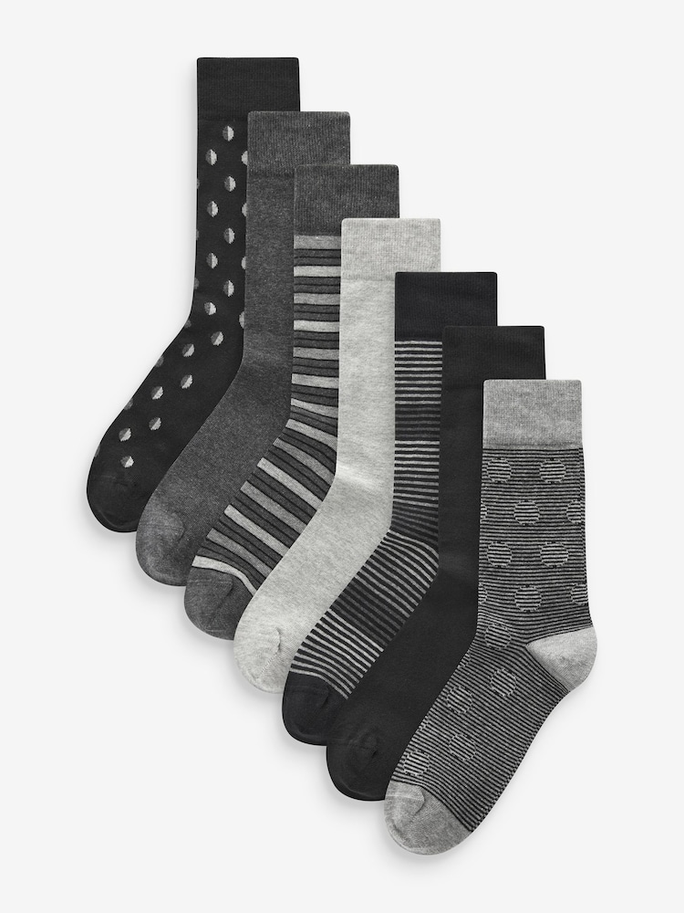 Black/Grey Pattern 7 Pack Mens Cotton Rich Black Socks - Image 1 of 9