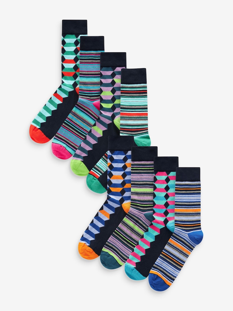 Bright Geo/Stripe Pattern Socks 8 Pack - Image 1 of 10