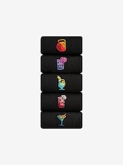 Black Ombre Drinks Fun Embroidered Socks 5 Pack - Image 1 of 7