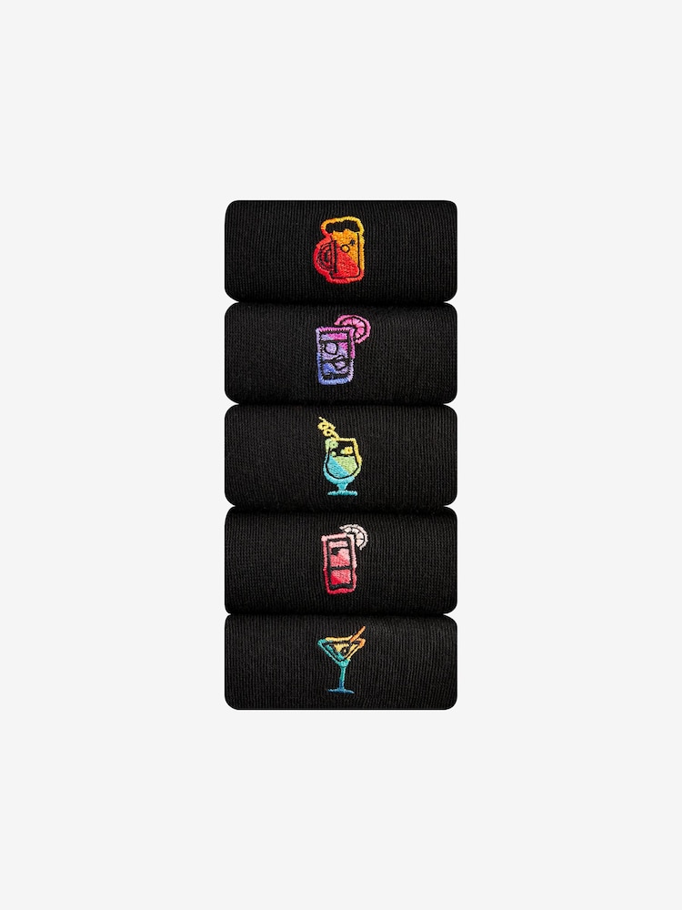 Black Ombre Drinks Fun Embroidered Socks 5 Pack - Image 1 of 7