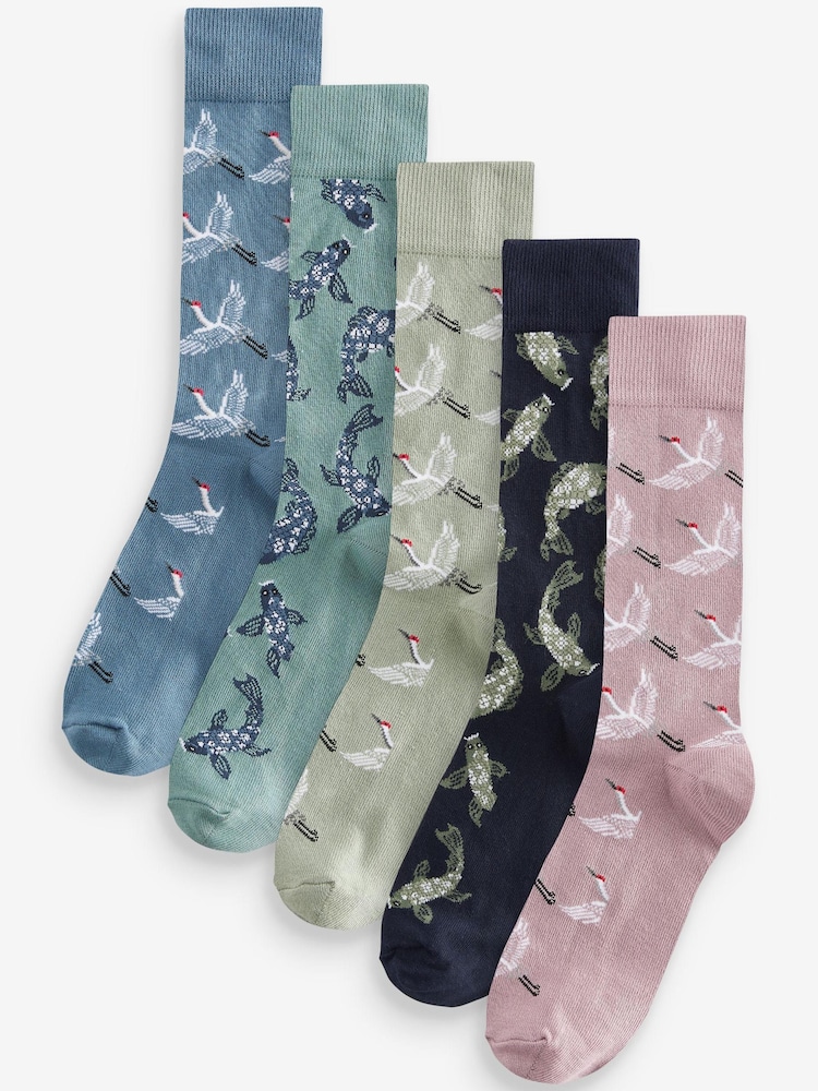 Blue/Green Japanese Fun Pattern Socks 5 Pack - Image 1 of 1 Blue/Green Japanese Fun Pattern Socks 5 Pack - Image 1 of 1