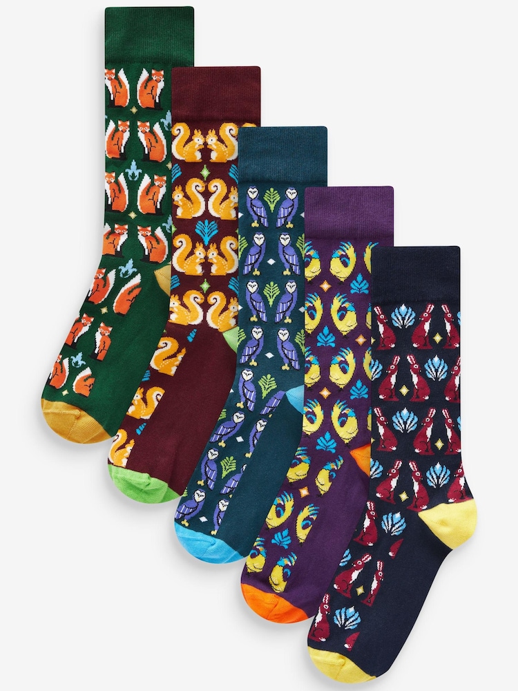 Blue/Green Animal Fun Pattern Socks 5 Pack - Image 1 of 6