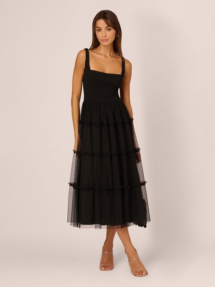 Adrianna by Adrianna Papell Knit And Mesh Black Dress - Image 1 of 7