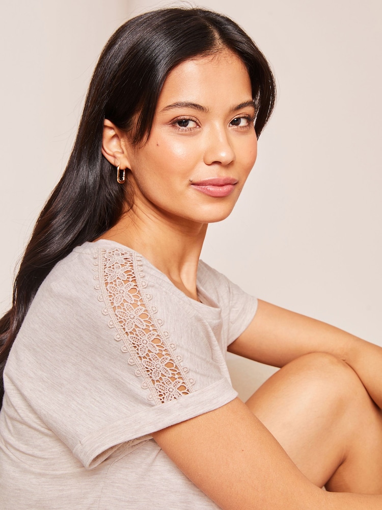 Lipsy Grey Lace Insert Short Sleeve Shorts Pyjama Set - Image 4 of 4