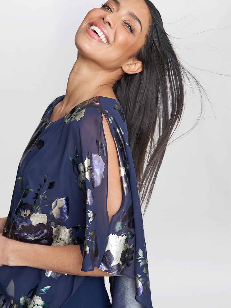 Gina Bacconi Blue Gaby Floral Printed Asymmetric Dress - Image 4 of 5