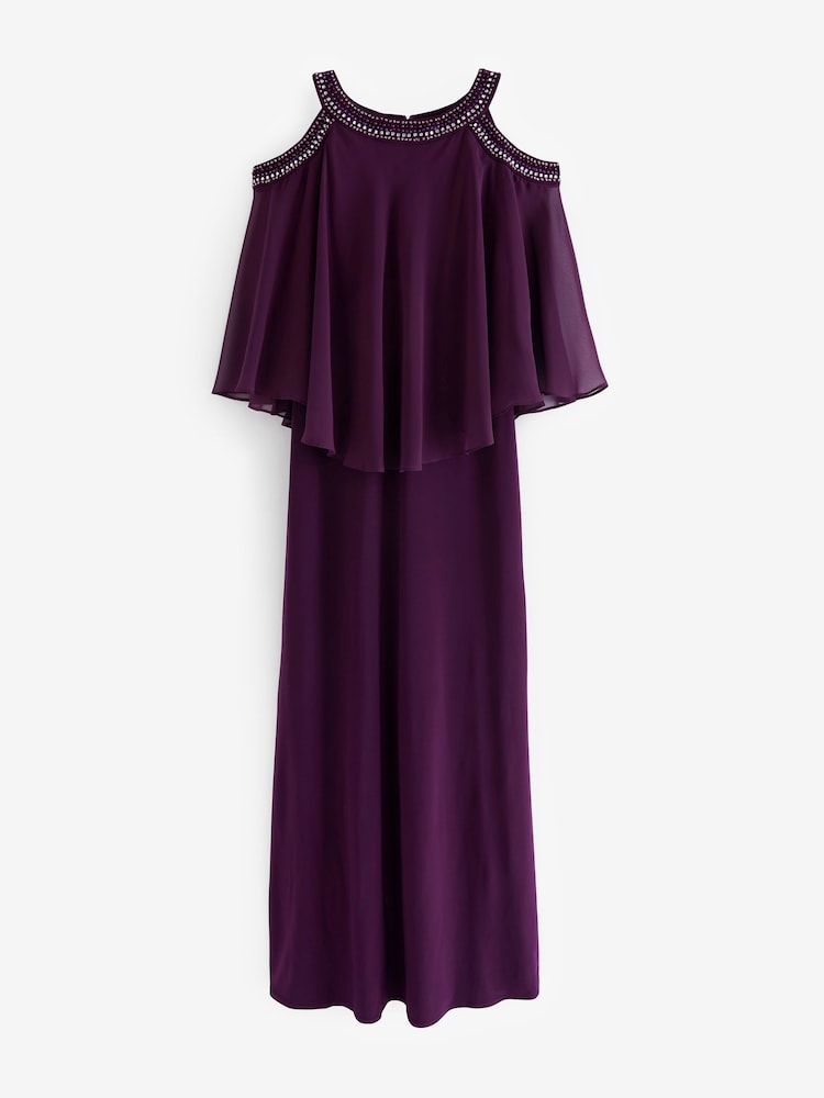 Gina Bacconi Purple Audrey Cold Shoulder Popover Gown With Beaded Neckline - Image 6 of 6
