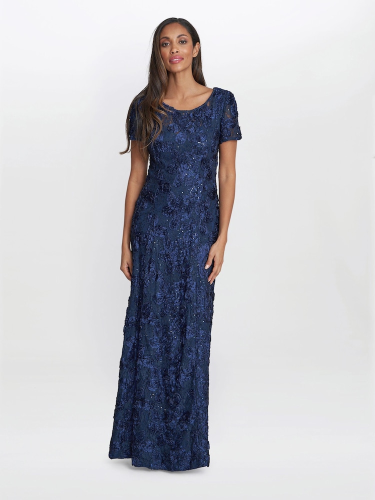 Gina Bacconi Blue Nancy Dress With Rosette Sequin Detail - Image 1 of 5