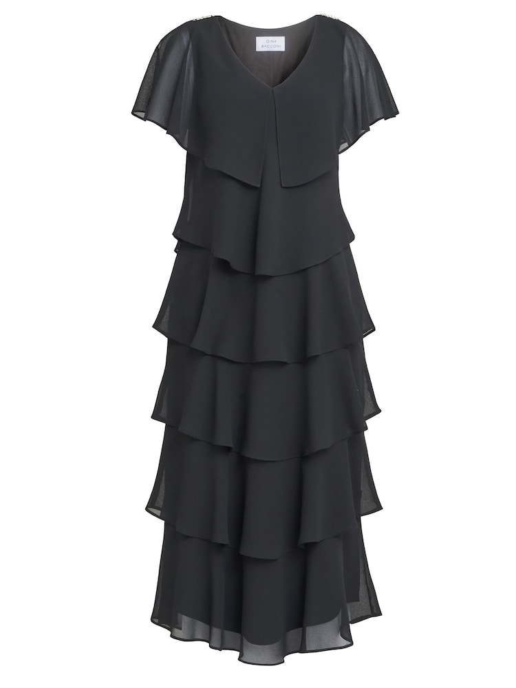 Gina Bacconi Rebecca Midi Tiered Dress With Shoulder Trim - Image 5 of 5