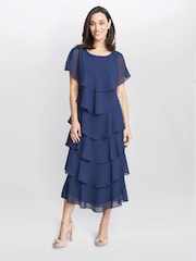 Gina Bacconi Dark Blue Tessa Midi Tiered Dress With Shoulder Trim - Image 1 of 5
