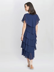 Gina Bacconi Dark Blue Tessa Midi Tiered Dress With Shoulder Trim - Image 2 of 5