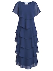 Gina Bacconi Dark Blue Tessa Midi Tiered Dress With Shoulder Trim - Image 5 of 5
