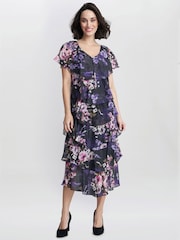 Gina Bacconi Leticia Floral Print Midi Tiered Black Dress - Image 1 of 1