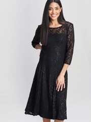 Gina Bacconi Black Elianna Midi-Length Sequin Lace 3/4 Sleeve Cocktail Dress - Image 1 of 6