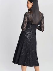Gina Bacconi Black Elianna Midi-Length Sequin Lace 3/4 Sleeve Cocktail Dress - Image 2 of 6