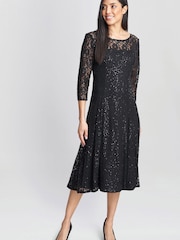 Gina Bacconi Black Elianna Midi-Length Sequin Lace 3/4 Sleeve Cocktail Dress - Image 3 of 6