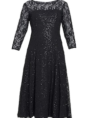Gina Bacconi Black Elianna Midi-Length Sequin Lace 3/4 Sleeve Cocktail Dress - Image 6 of 6
