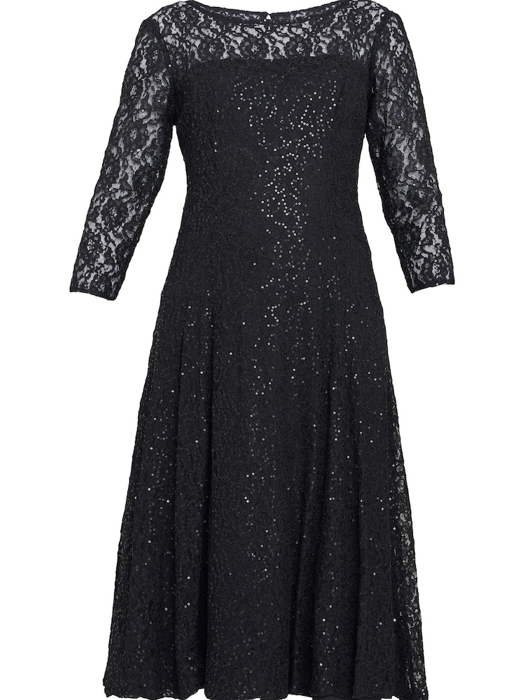 Gina Bacconi Black Elianna Midi-Length Sequin Lace 3/4 Sleeve Cocktail Dress - Image 6 of 6