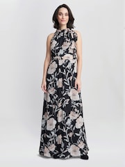 Gina Bacconi Printed Maxi Black Dress With Tie Neckline Detail - Image 1 of 5