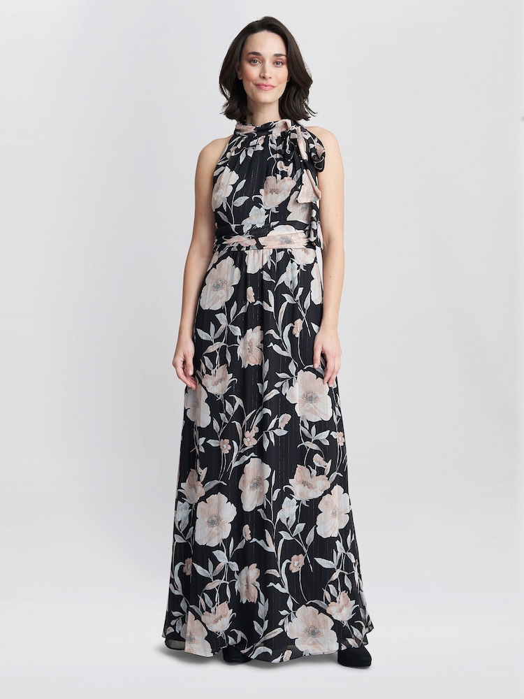 Gina Bacconi Printed Maxi Black Dress With Tie Neckline Detail - Image 1 of 5