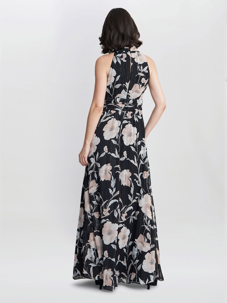 Gina Bacconi Printed Maxi Black Dress With Tie Neckline Detail - Image 2 of 5