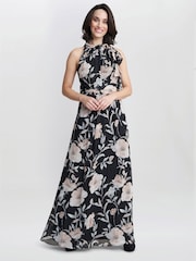Gina Bacconi Printed Maxi Black Dress With Tie Neckline Detail - Image 3 of 5