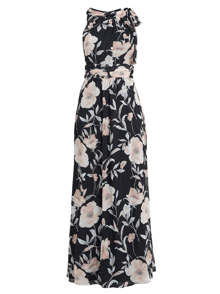 Gina Bacconi Printed Maxi Black Dress With Tie Neckline Detail - Image 5 of 5 Gina Bacconi Printed Maxi Black Dress With Tie Neckline Detail - Image 5 of 5