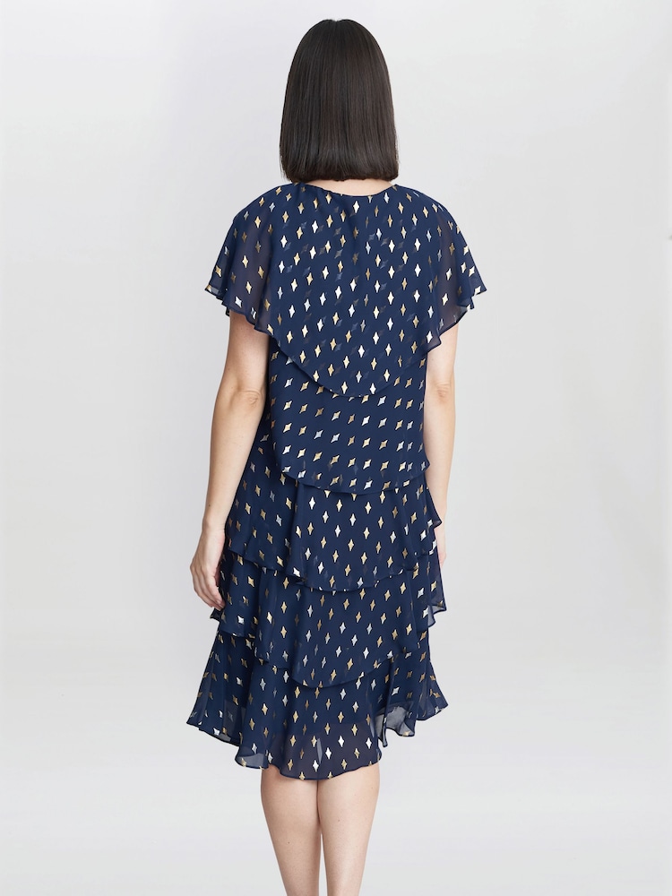 Gina Bacconi Blue Sybil Foil Print Tier Dress - Image 2 of 5