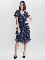 Gina Bacconi Blue Sybil Foil Print Tier Dress - Image 3 of 5