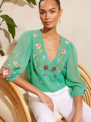 V&A | Love & Roses Green Embroidered V Neck 3/4 Sleeve Dobby Top - Image 1 of 4