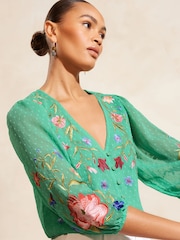 V&A | Love & Roses Green Embroidered V Neck 3/4 Sleeve Dobby Top - Image 2 of 4