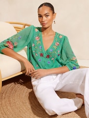 V&A | Love & Roses Green Embroidered V Neck 3/4 Sleeve Dobby Top - Image 4 of 4