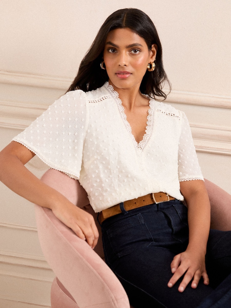 Love & Roses Ivory White Dobby Flutter Sleeve Blouse - Image 1 of 4