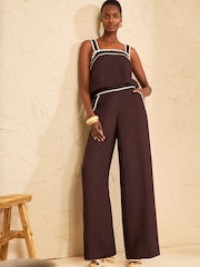 Love & Roses Chocolate Brown Viscose/Linen Blend Ric Rac Detailed Trousers - Image 3 of 4