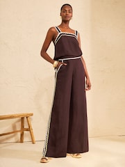 Love & Roses Chocolate Brown Viscose/Linen Blend Ric Rac Detailed Trousers - Image 4 of 4