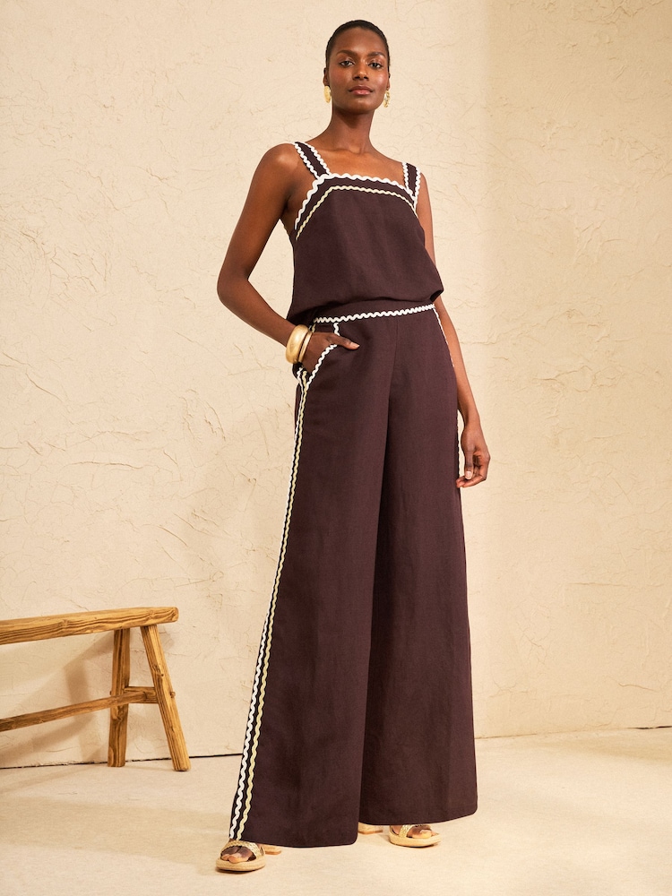 Love & Roses Chocolate Brown Viscose/Linen Blend Ric Rac Detailed Trousers - Image 4 of 4