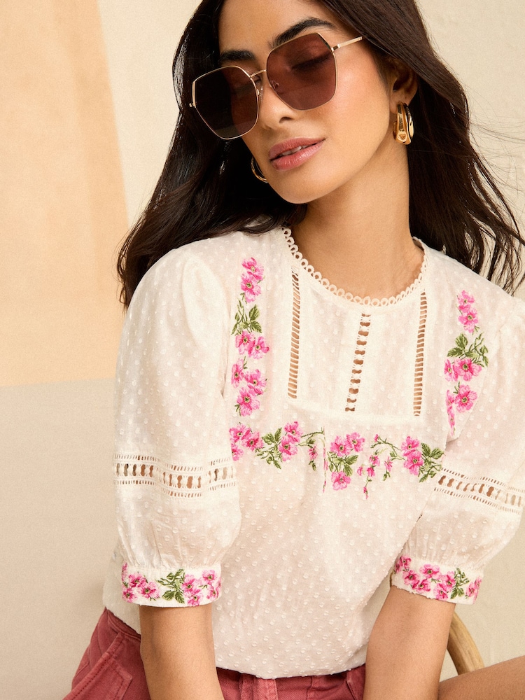 Love & Roses Ivory White Embroidered Yoke Puff Sleeve Blouse - Image 1 of 4