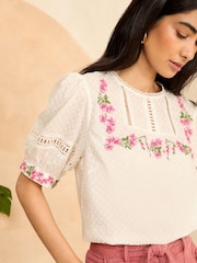 Love & Roses Ivory White Embroidered Yoke Puff Sleeve Blouse - Image 2 of 4