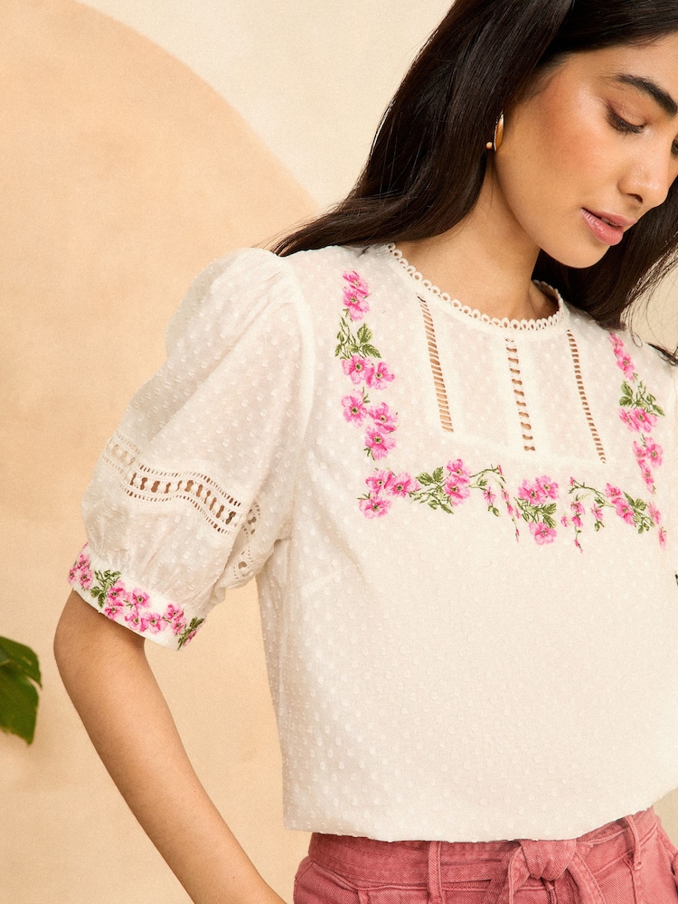 Love & Roses Ivory White Embroidered Yoke Puff Sleeve Blouse - Image 2 of 4 Love & Roses Ivory White Embroidered Yoke Puff Sleeve Blouse - Image 2 of 4