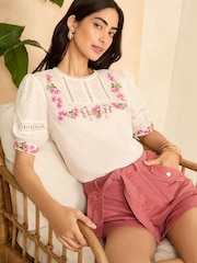 Love & Roses Ivory White Embroidered Yoke Puff Sleeve Blouse - Image 3 of 4