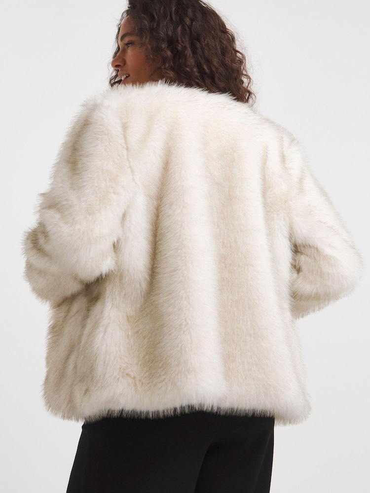 JD Williams Cream Collarless Long Pile Faux Fur Coat - Image 2 of 4