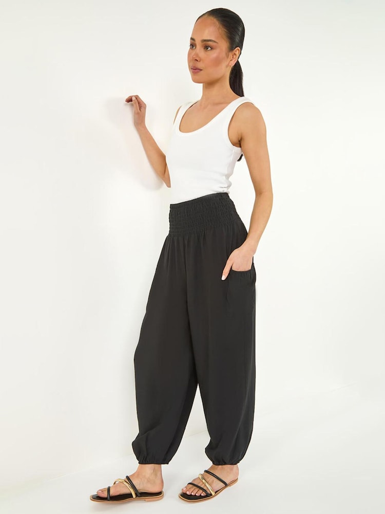 Roman Black Petite Shirred Waist Trousers - Image 1 of 5 Roman Black Petite Shirred Waist Trousers - Image 1 of 5