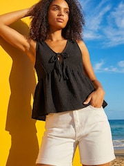 Roman Black Textured Tie Front Stretch Top - Image 1 of 4