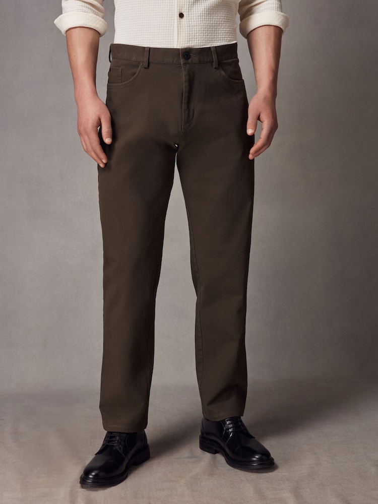 Khaki Green Straight Fit Textured Smart Chinos with Stretch - Image 1 of 6